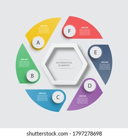 Vector infographic design template. Business concept with 6 options, parts, steps or processes. Can be used for workflow layout, diagram, number options, web design. Data visualization.