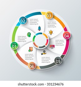 Vector infographic design template. Business concept with 6 options, parts, steps or processes. Can be used for workflow layout, diagram, number options, web design. Data visualization.
