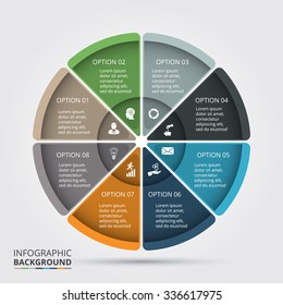 Vector infographic design template. Business concept with 8 options, parts, steps or processes. Can be used for workflow layout, diagram, number options, web design. Data visualization.