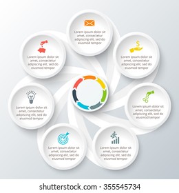 Vector infographic design template. Business concept with 7 options, parts, steps or processes. Can be used for workflow layout, diagram, number options, web design. Data visualization.