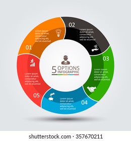 Vector infographic design template. Business concept with 5 options, parts, steps or processes. Can be used for workflow layout, diagram, number options, web design. Data visualization.