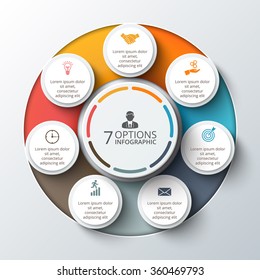 Vector infographic design template. Business concept with 7 options, parts, steps or processes. Can be used for workflow layout, diagram, number options, web design. Data visualization.