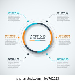 Vector infographic design template. Business concept with 6 options, parts, steps or processes. Can be used for workflow layout, diagram, number options, web design. Data visualization.