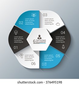 Vector infographic design template. Business concept with 6 options, parts, steps or processes. Can be used for workflow layout, diagram, number options, web design. Data visualization.