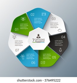 Vector infographic design template. Business concept with 7 options, parts, steps or processes. Can be used for workflow layout, diagram, number options, web design. Data visualization.
