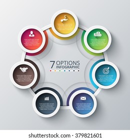Vector infographic design template. Business concept with 7 options, parts, steps or processes. Can be used for workflow layout, diagram, number options, web design. Data visualization.