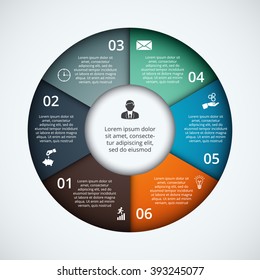 Vector infographic design template. Business concept with 6 options, parts, steps or processes. Can be used for workflow layout, diagram, number options, web design. Data visualization.