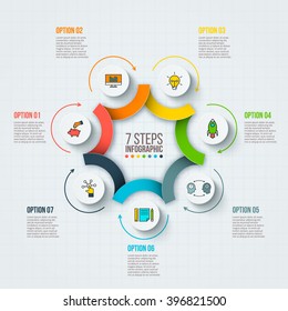 Vector infographic design template. Business concept with 7 options, parts, steps or processes. Can be used for workflow layout, diagram, number options, web design. Data visualization.