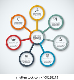 Vector infographic design template. Business concept with 7 options, parts, steps or processes. Can be used for workflow layout, diagram, number options, web design. Data visualization.