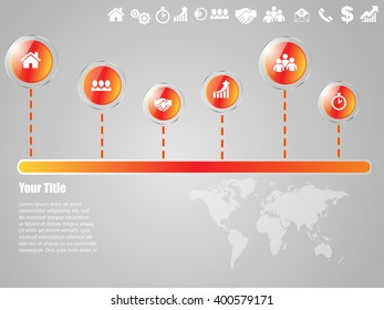Vector infographic design template with business icons, timeline, prototype with step by step solution, concept for your work, eps 10, with shiny bubbles