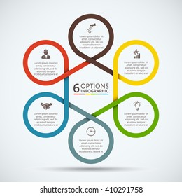 Vector infographic design template. Business concept with 6 options, parts, steps or processes. Can be used for workflow layout, diagram, number options, web design. Data visualization.