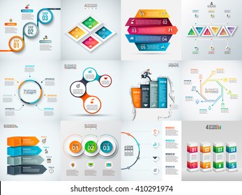 Vector infographic design template. Business concept with 3, 4, 5, 6, 7 and 8 options, parts, steps or processes. Can be used for workflow layout, diagram, number options. Data visualization.