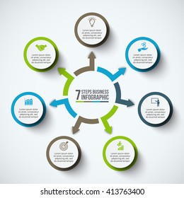 Vector infographic design template. Business concept with 7 options, parts, steps or processes. Can be used for workflow layout, diagram, number options, web design. Data visualization.