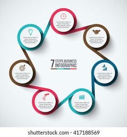 Vector infographic design template. Business concept with 7 options, parts, steps or processes. Can be used for workflow layout, diagram, number options, web design. Data visualization.