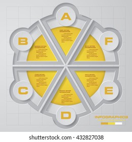 Vector infographic design template. Business concept with 6 options, parts, steps or processes. Can be used for workflow layout, diagram, number options, web design. Data visualization.