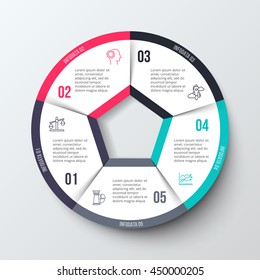 Vector infographic design template. Business concept with 5 options, parts, steps or processes. Can be used for workflow layout, diagram, number options, web design. Data visualization.