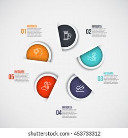 Vector infographic design template. Business concept with 5 options, parts, steps or processes. Can be used for workflow layout, diagram, number options, web design. Data visualization.