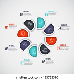 Vector infographic design template. Business concept with 8 options, parts, steps or processes. Can be used for workflow layout, diagram, number options, web design. Data visualization.
