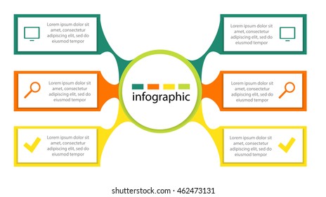 Vector infographic design template. Business concept with six as a rectangle with an area for text options, parts, steps or processes. Diagram, number options, web design. Data visualization