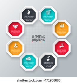 Vector infographic design template. Business concept with 8 options, parts, steps or processes. Can be used for workflow layout, diagram, number options, web design. Data visualization.