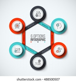 Vector infographic design template. Business concept with 6 options, parts, steps or processes. Can be used for workflow layout, diagram, number options, web design. Data visualization.