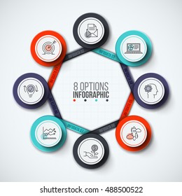 Vector infographic design template. Business concept with 8 options, parts, steps or processes. Can be used for workflow layout, diagram, number options, web design. Data visualization.