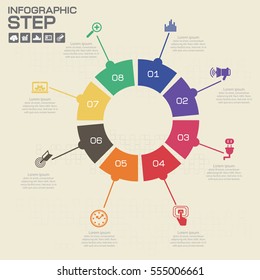 Vector infographic design template. Business concept with 8 options, parts, steps or processes. Can be used for workflow layout, diagram, number options, web design. 
