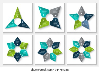 Vector infographic design template. Business concept with 3, 4, 5, 6, 7 and 8 options, steps or processes. Can be used for workflow layout, diagram, number options, web design. Data visualization.
