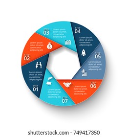 Vector infographic design template. Business concept with 7 options, parts, steps or processes. Can be used for workflow layout, diagram, number options, web design. 
Data visualization.
