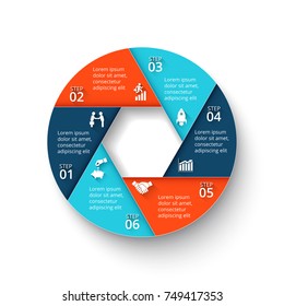Vector infographic design template. Business concept with 6 options, parts, steps or processes. Can be used for workflow layout, diagram, number options, web design. Data visualization.