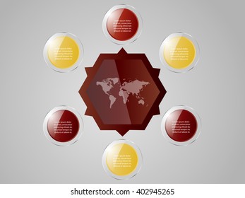Vector infographic design template with hexagon and shiny bubbles, prototype with step by step solution, concept for your work, eps 10, modern style with map of world