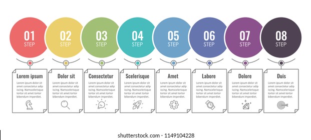 Vector Infographic design template with icons and 8 options or steps.  Can be used for process diagram, presentations, workflow layout, banner, flow chart, info graph.