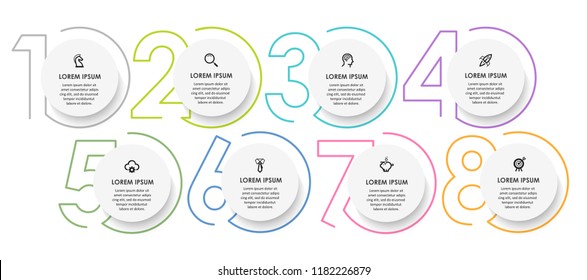 Vector Infographic design template with icons and 8 numbers options or steps.  Can be used for process diagram, presentations, workflow layout, banner, flow chart, info graph.