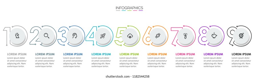 Vector Infographic design template with icons and 9 numbers options or steps.  Can be used for process diagram, presentations, workflow layout, banner, flow chart, info graph.