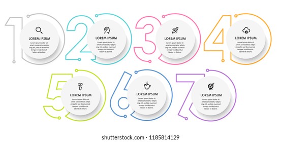 Vector Infographic design template with icons and 7 numbers options or steps.  Can be used for process diagram, presentations, workflow layout, banner, flow chart, info graph.