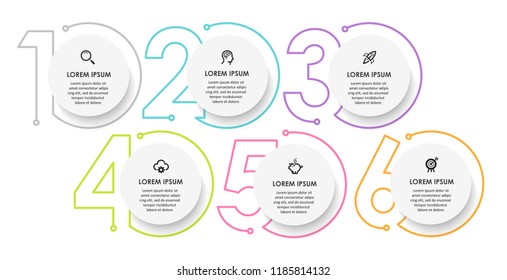 Vector Infographic design template with icons and 6 numbers options or steps.  Can be used for process diagram, presentations, workflow layout, banner, flow chart, info graph.