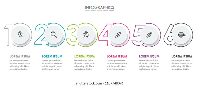 Vector Infographic design template with icons and 6 numbers options or steps.  Can be used for process diagram, presentations, workflow layout, banner, flow chart, info graph.