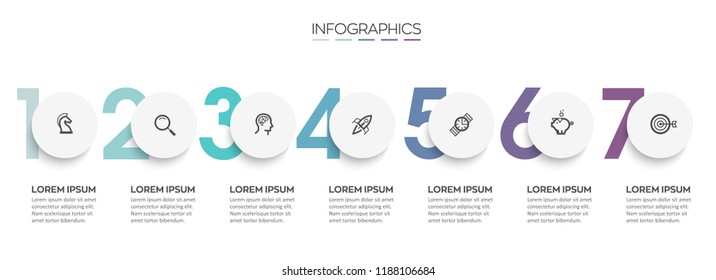 Vector Infographic Design Template With Icons And 7 Numbers Options Or Steps.  Can Be Used For Process Diagram, Presentations, Workflow Layout, Banner, Flow Chart, Info Graph.