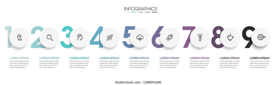 Vector Infographic design template with icons and 9 numbers options or steps.  Can be used for process diagram, presentations, workflow layout, banner, flow chart, info graph.