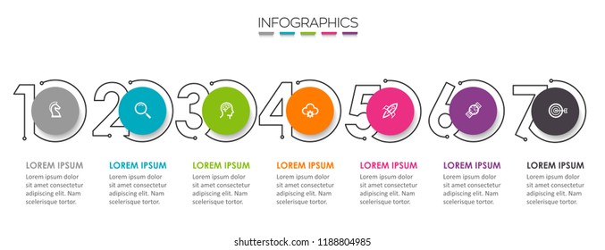 Vector Infographic Design Template With Icons And 7 Numbers Options Or Steps.  Can Be Used For Process Diagram, Presentations, Workflow Layout, Banner, Flow Chart, Info Graph.