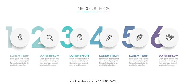 Vector Infographic Design Template With Icons And 6 Numbers Options Or Steps.  Can Be Used For Process Diagram, Presentations, Workflow Layout, Banner, Flow Chart, Info Graph.