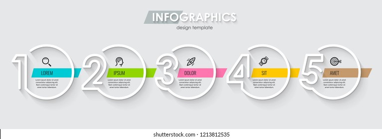 Vector Infographic design template with icons and 5 numbers options or steps.  Can be used for process diagram, presentations, workflow layout, banner, flow chart, info graph.