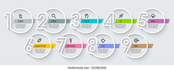 Vector Infographic design template with icons and 9 numbers options or steps.  Can be used for process diagram, presentations, workflow layout, banner, flow chart, info graph.