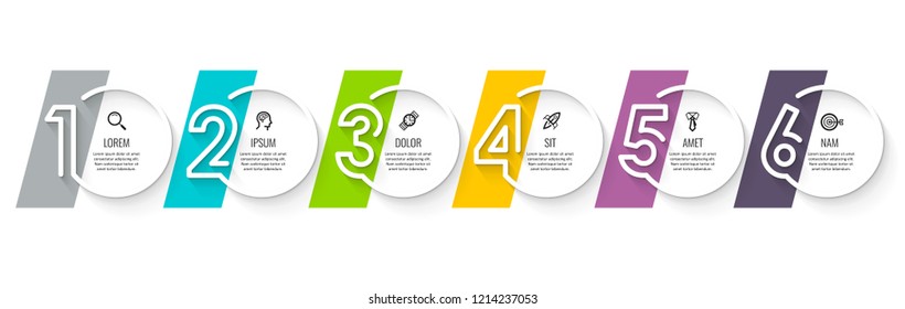 Vector Infographic design template with icons and 6 numbers options or steps.  Can be used for process diagram, presentations, workflow layout, banner, flow chart, info graph.