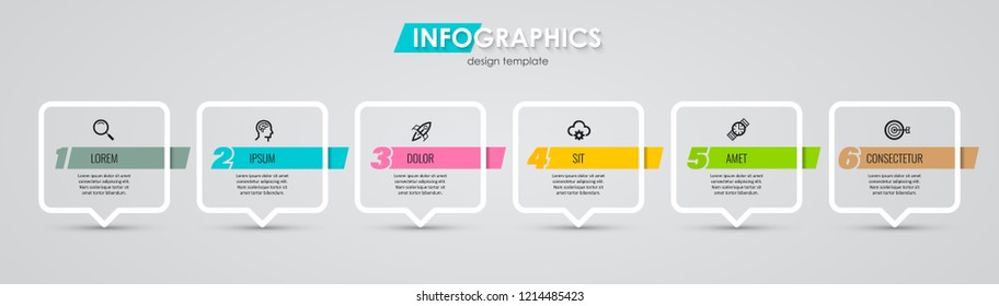 Vector Infographic design template with icons and 6 options or steps.  Can be used for process diagram, presentations, workflow layout, banner, flow chart, info graph.