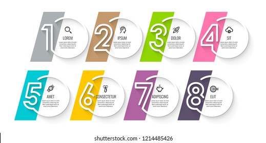 Vector Infographic design template with icons and 8 numbers options or steps.  Can be used for process diagram, presentations, workflow layout, banner, flow chart, info graph.