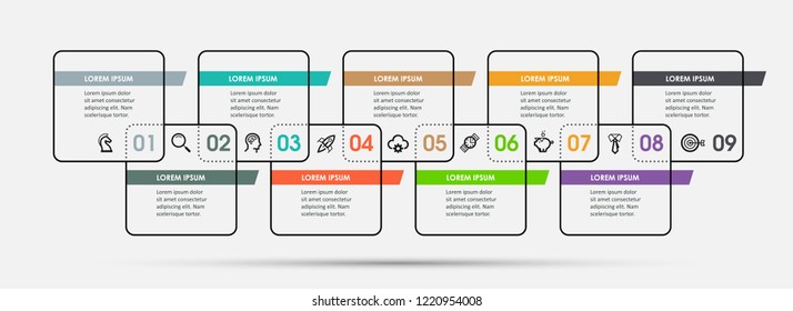 Vector Infographic design template with icons and 9 options or steps.  Can be used for process diagram, presentations, workflow layout, banner, flow chart, info graph.