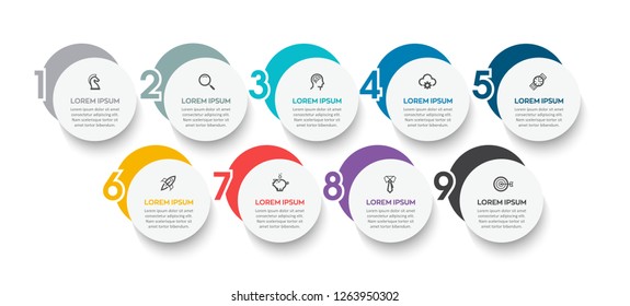 Vector Infographic design template with icons and 9 numbers options or steps.  Can be used for process diagram, presentations, workflow layout, banner, flow chart, info graph.