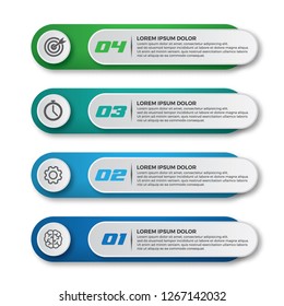 Vector Infographic design template with icons and 4 numbers options or steps. Can be used for process diagram, presentations, workflow layout, banner, flow chart, info graph.