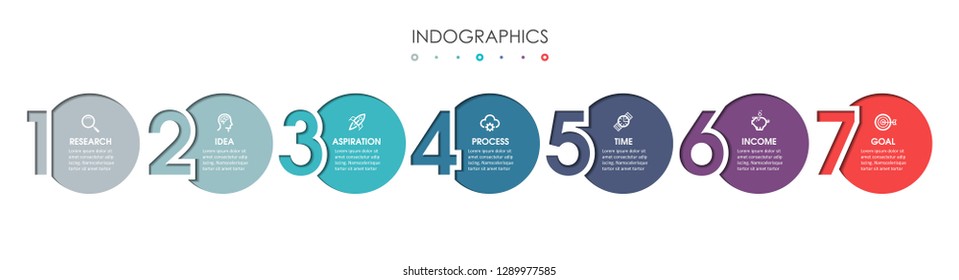 Vector Infographic design template with icons and 7 numbers options or steps.  Can be used for process diagram, presentations, workflow layout, banner, flow chart, info graph.